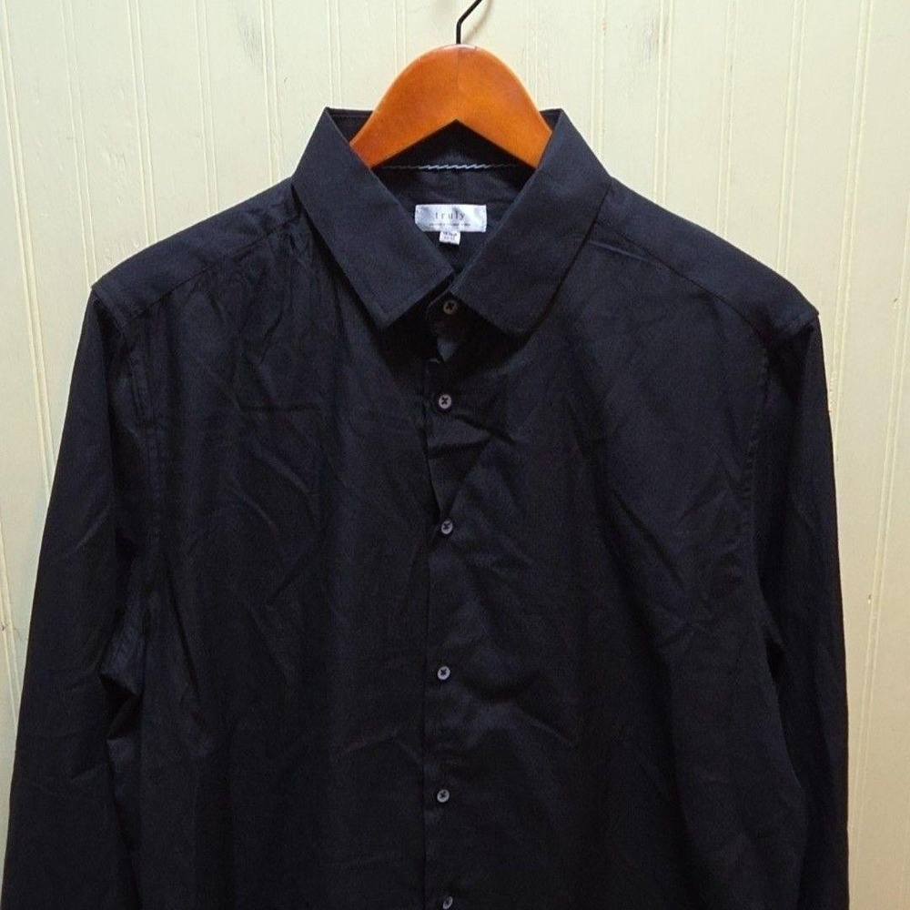 Truly Dress Shirt Mens 15.5 32/33 Black Solid Regular Fit Long Sleeve Woven